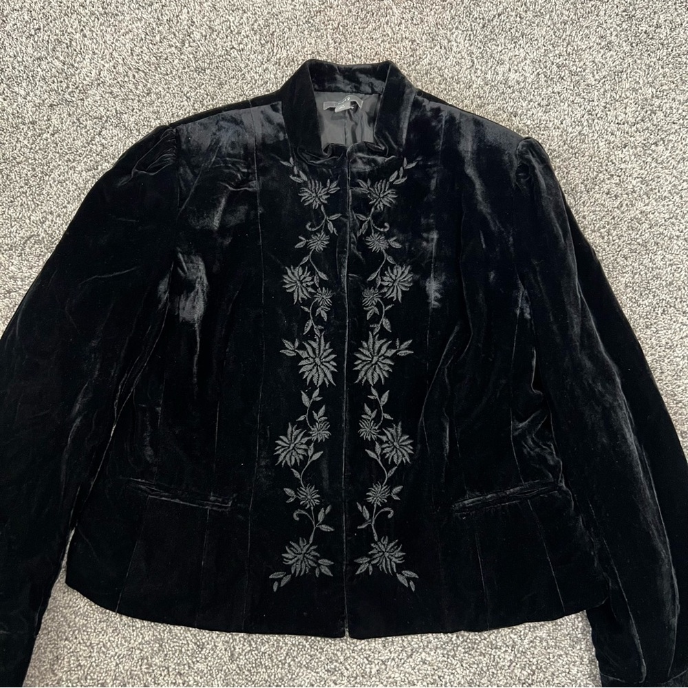 Apt 9 Black Velvet Embroidered Asian Blazer Jacket Mandarin Collar Women’s US 14